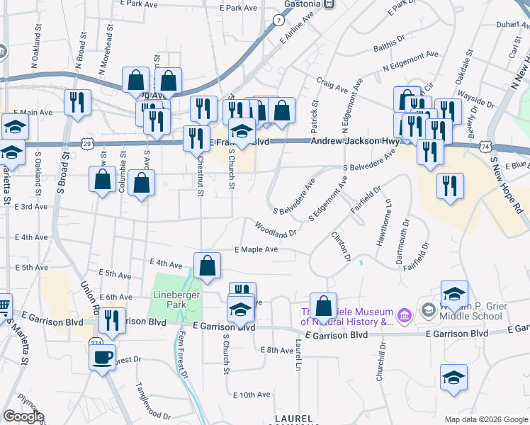 map of restaurants, bars, coffee shops, grocery stores, and more near 1031 South Belvedere Avenue in Gastonia