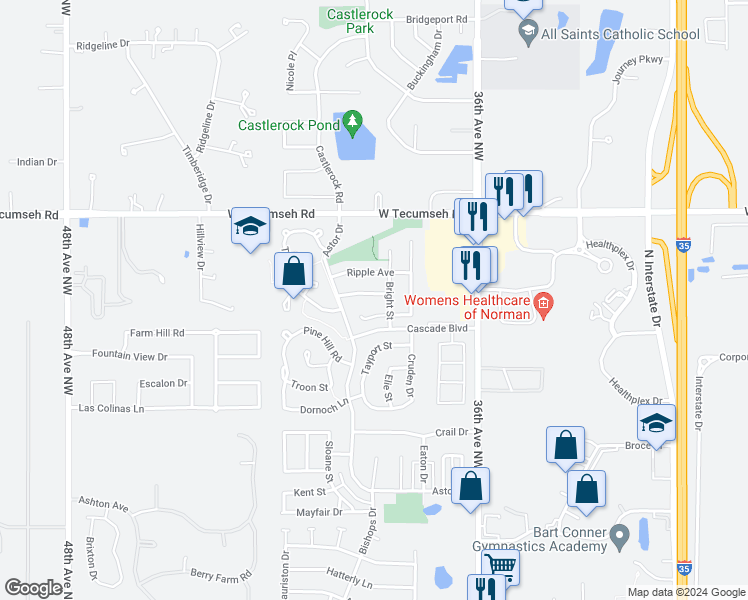 map of restaurants, bars, coffee shops, grocery stores, and more near 3908 Sparkle Street in Norman