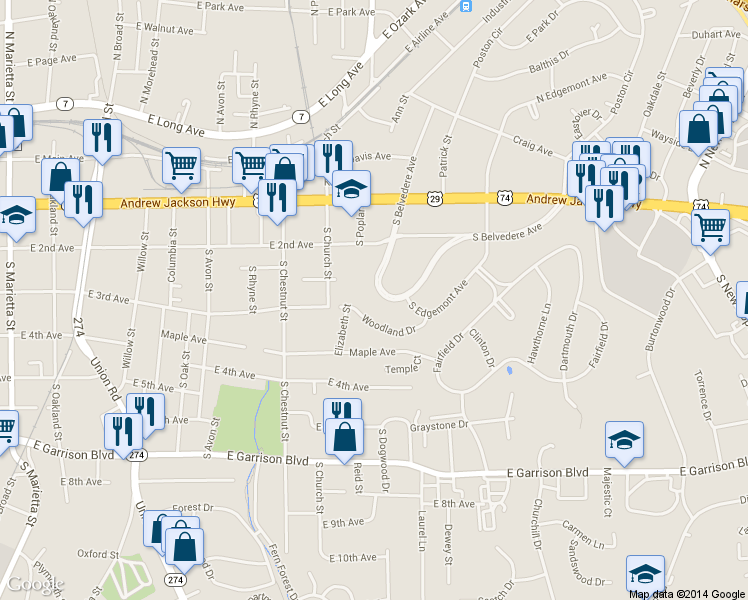 map of restaurants, bars, coffee shops, grocery stores, and more near 1031 South Belvedere Avenue in Gastonia