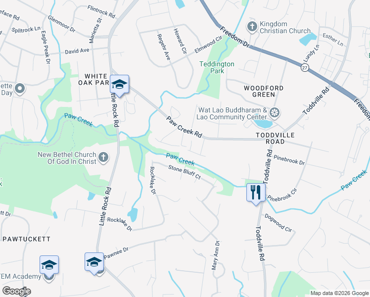 map of restaurants, bars, coffee shops, grocery stores, and more near 6025 Paw Creek Road in Charlotte