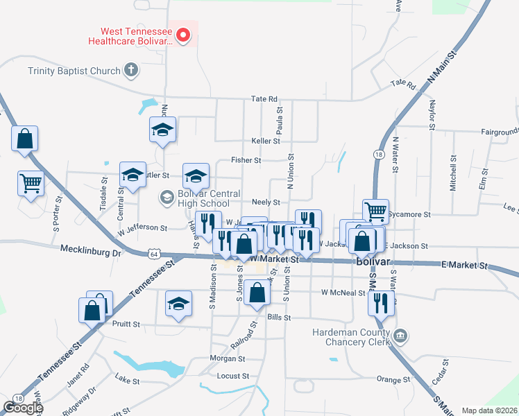 map of restaurants, bars, coffee shops, grocery stores, and more near 611 Neely Street in Bolivar
