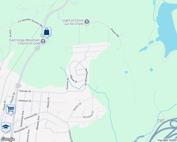 map of restaurants, bars, coffee shops, grocery stores, and more near 1504 Northwoods Drive in Kings Mountain