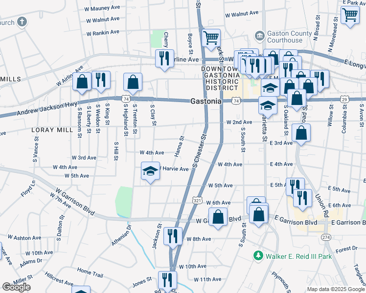 map of restaurants, bars, coffee shops, grocery stores, and more near 404 Hanna Street in Gastonia