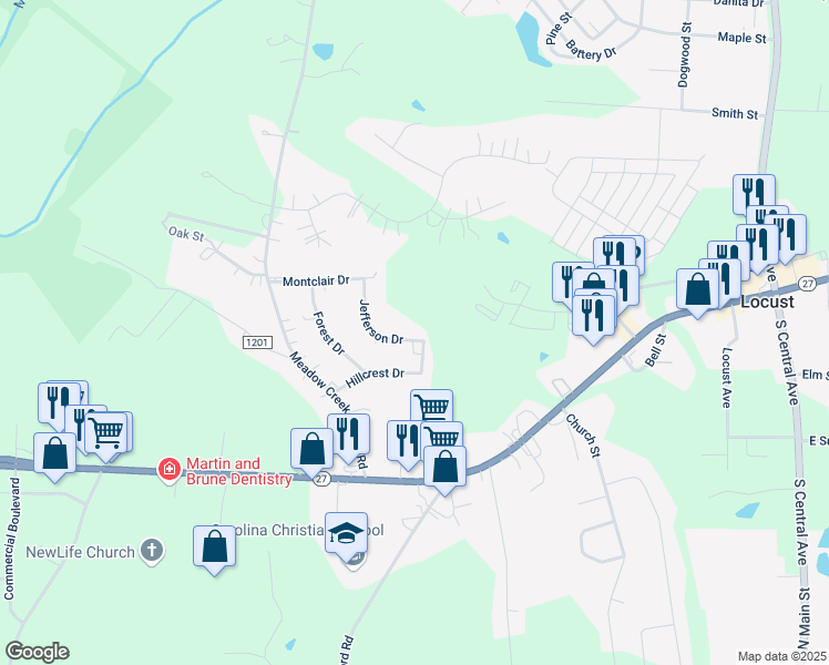 map of restaurants, bars, coffee shops, grocery stores, and more near 100 Jefferson Drive in Locust