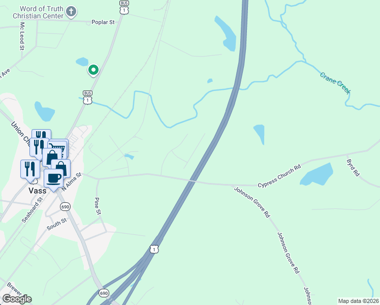map of restaurants, bars, coffee shops, grocery stores, and more near 1120 Camellia Drive in Vass