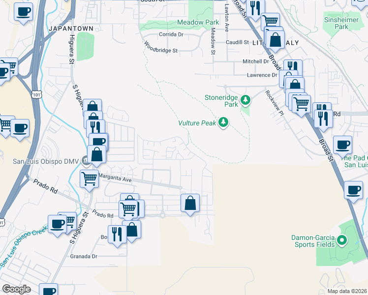 map of restaurants, bars, coffee shops, grocery stores, and more near 3089 Arezzo Drive in San Luis Obispo