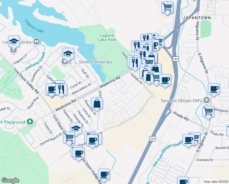 map of restaurants, bars, coffee shops, grocery stores, and more near 1672 Oceanaire Dr in San Luis Obispo