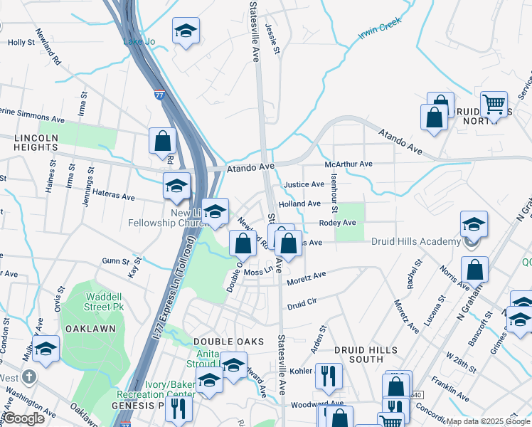 map of restaurants, bars, coffee shops, grocery stores, and more near in Charlotte
