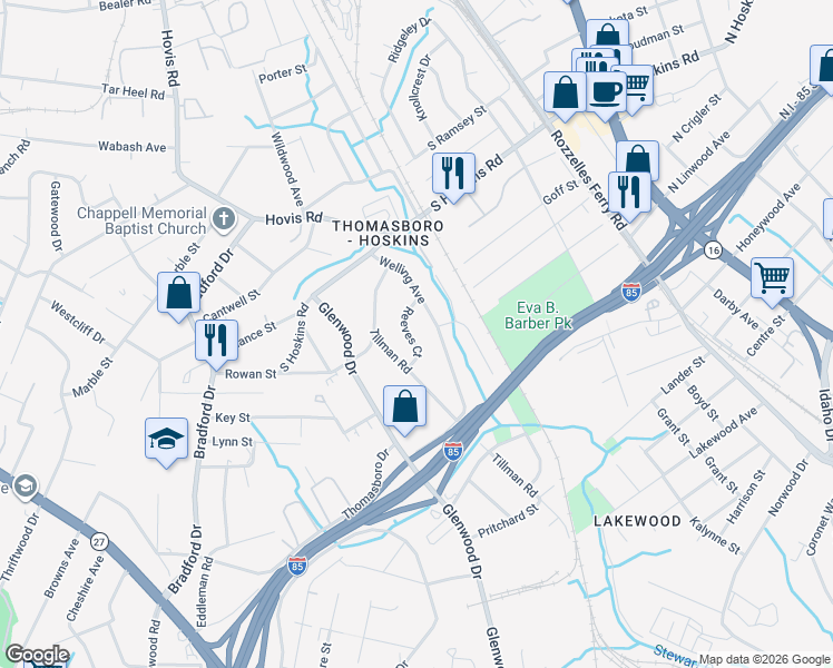 map of restaurants, bars, coffee shops, grocery stores, and more near 637 Reeves Court in Charlotte