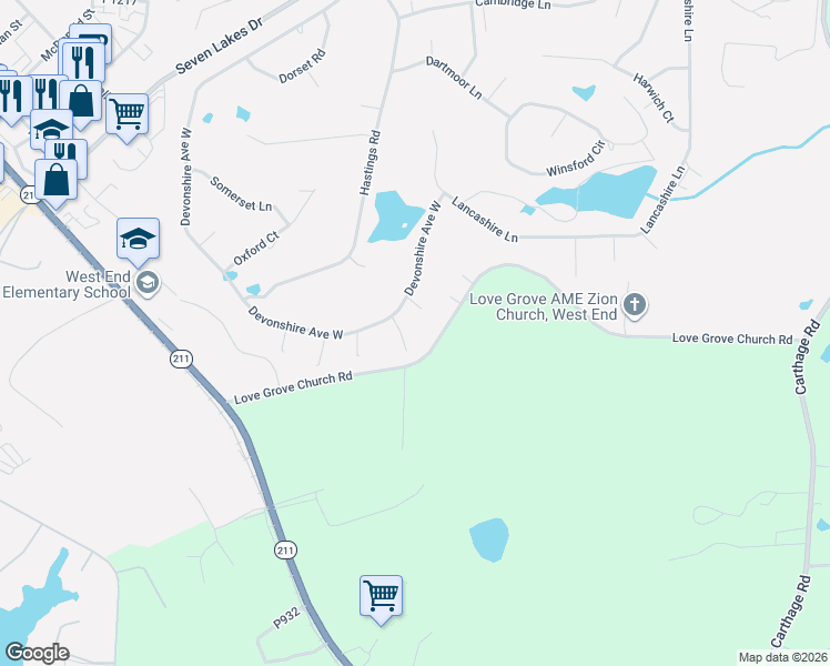 map of restaurants, bars, coffee shops, grocery stores, and more near 103 Bexley Ct in Seven Lakes