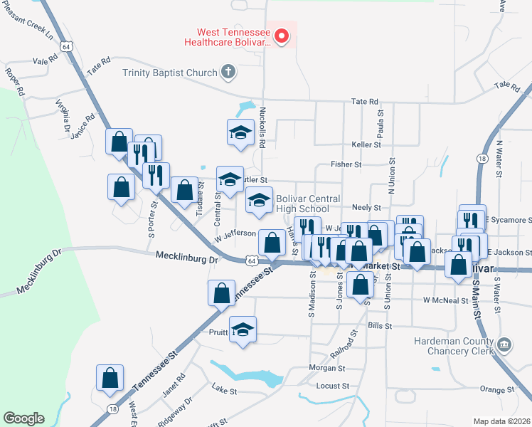 map of restaurants, bars, coffee shops, grocery stores, and more near 313 Harris Street in Bolivar