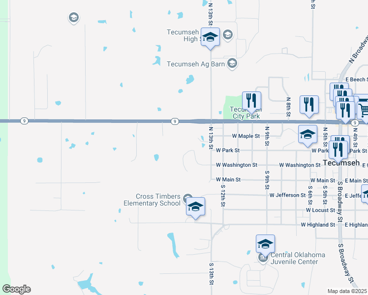map of restaurants, bars, coffee shops, grocery stores, and more near 1111 West Washington Circle in Tecumseh