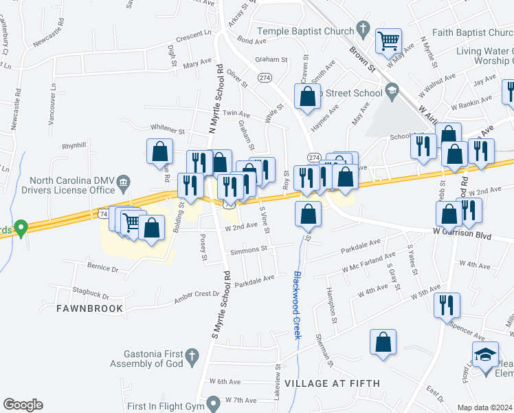 map of restaurants, bars, coffee shops, grocery stores, and more near 2101 West Franklin Boulevard in Gastonia