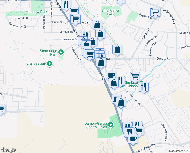 map of restaurants, bars, coffee shops, grocery stores, and more near 3340 Broad Street in San Luis Obispo