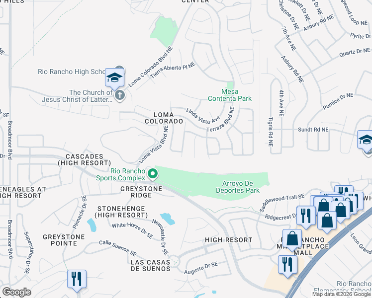 map of restaurants, bars, coffee shops, grocery stores, and more near 24 Los Balcones Place Northeast in Rio Rancho