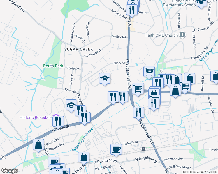 map of restaurants, bars, coffee shops, grocery stores, and more near 4101 North Tryon Street in Charlotte