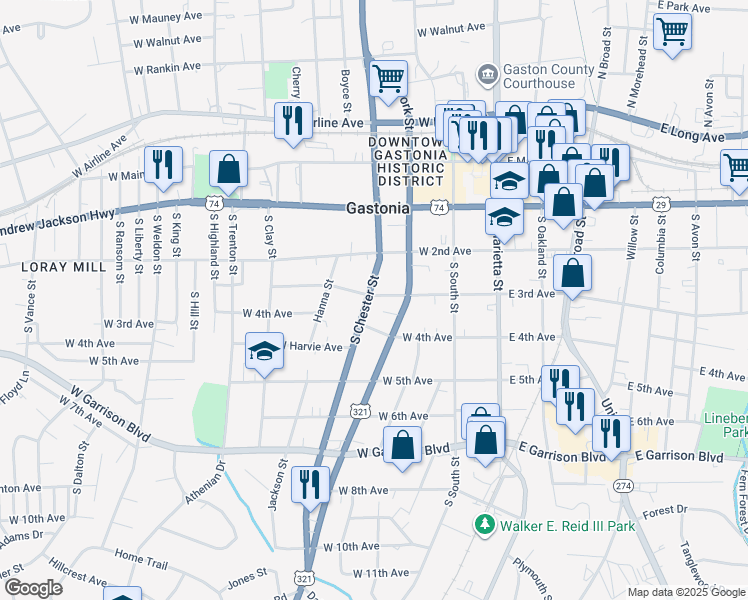 map of restaurants, bars, coffee shops, grocery stores, and more near 401 South Chester Street in Gastonia