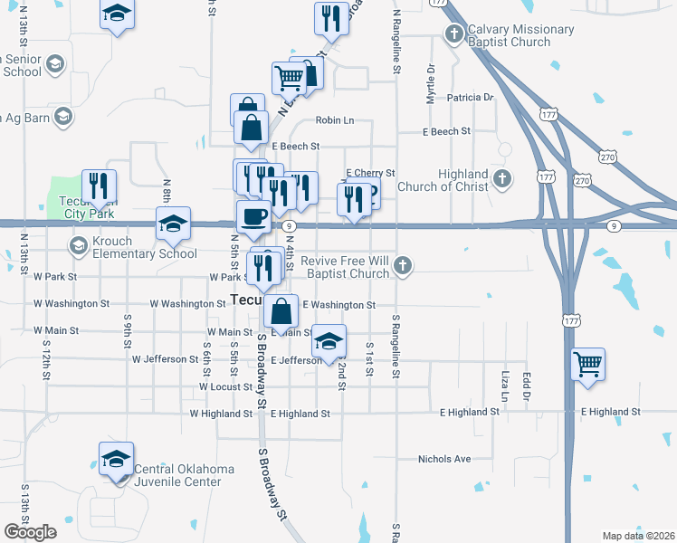 map of restaurants, bars, coffee shops, grocery stores, and more near 319 East Park Street in Tecumseh