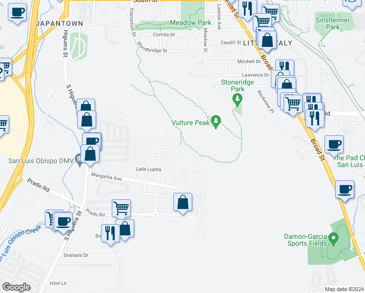 map of restaurants, bars, coffee shops, grocery stores, and more near 3089 Arezzo Drive in San Luis Obispo