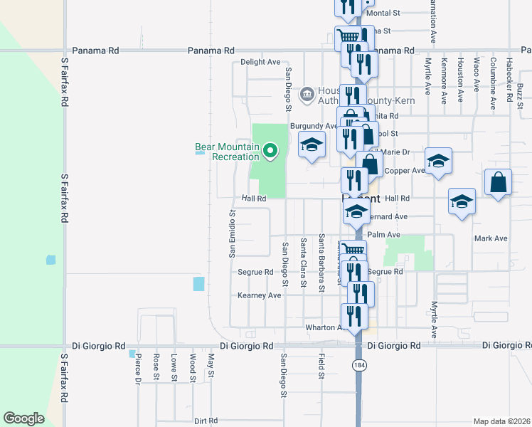map of restaurants, bars, coffee shops, grocery stores, and more near 7601 Letty Avenue in Lamont