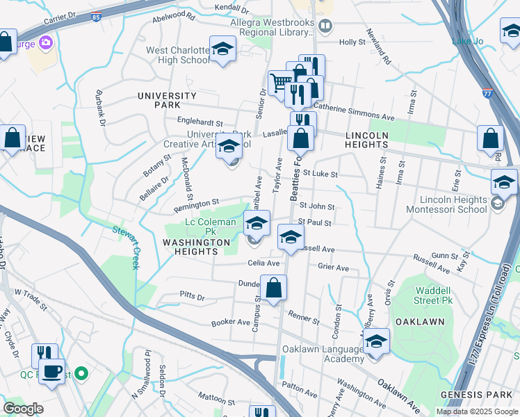 map of restaurants, bars, coffee shops, grocery stores, and more near 1624 Maribel Avenue in Charlotte