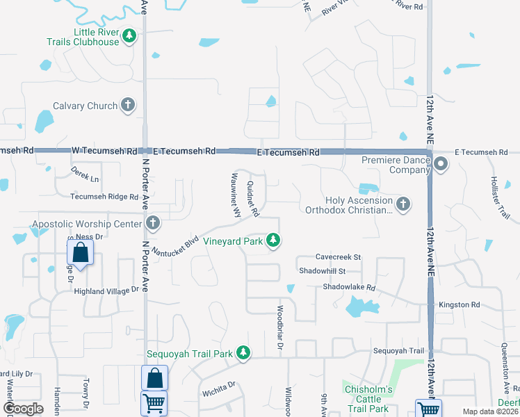 map of restaurants, bars, coffee shops, grocery stores, and more near 3301 Nantucket Boulevard in Norman