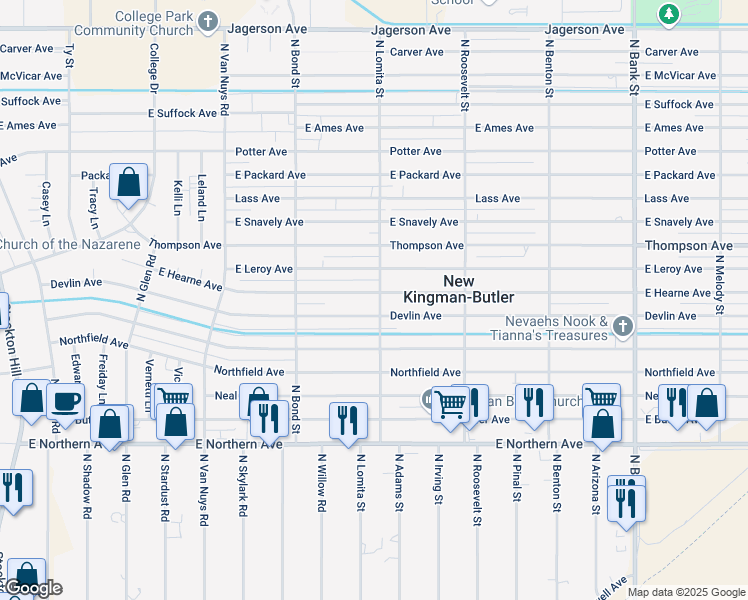 map of restaurants, bars, coffee shops, grocery stores, and more near 4637 North Lomita Street in Kingman