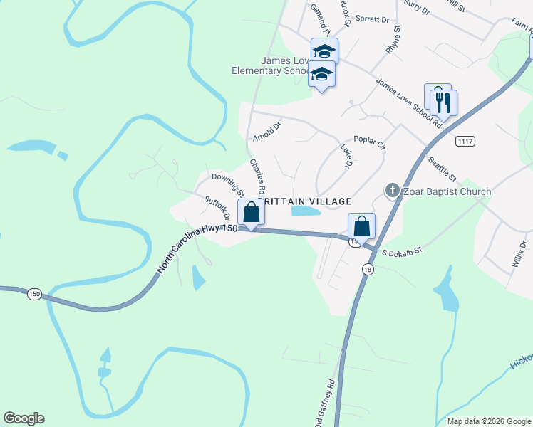 map of restaurants, bars, coffee shops, grocery stores, and more near 3013 Lake Drive in Shelby