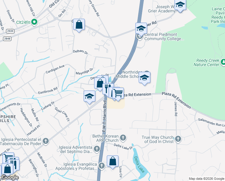map of restaurants, bars, coffee shops, grocery stores, and more near 4125 Highway 24 in Charlotte