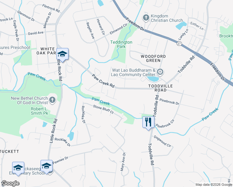 map of restaurants, bars, coffee shops, grocery stores, and more near 5823 Paw Creek Road in Charlotte