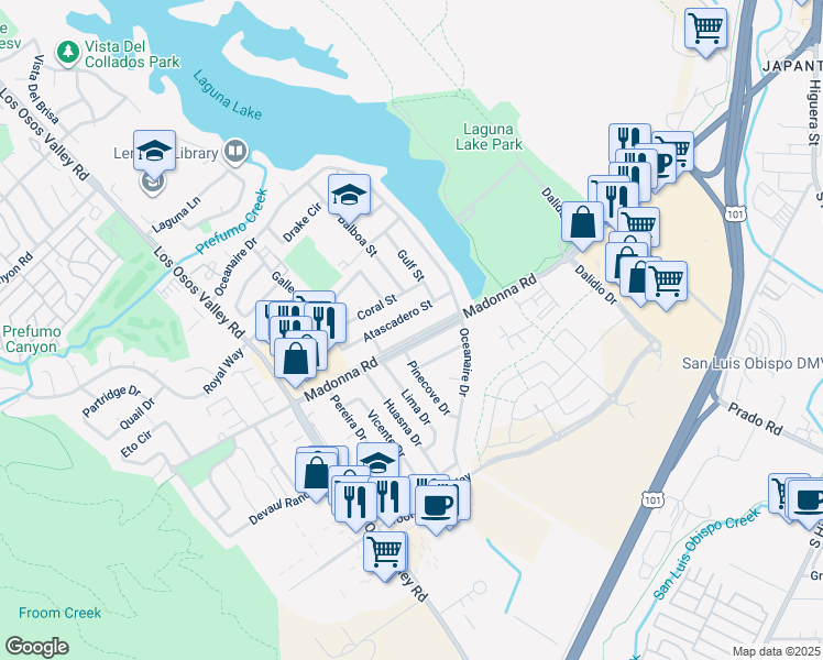 map of restaurants, bars, coffee shops, grocery stores, and more near 1156 Madonna Road in San Luis Obispo