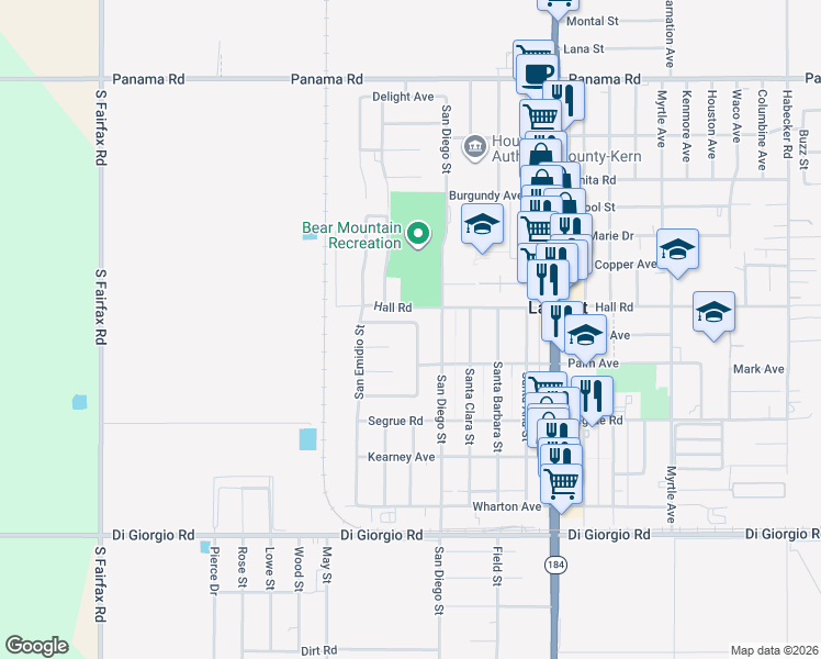 map of restaurants, bars, coffee shops, grocery stores, and more near 7601 Letty Avenue in Lamont
