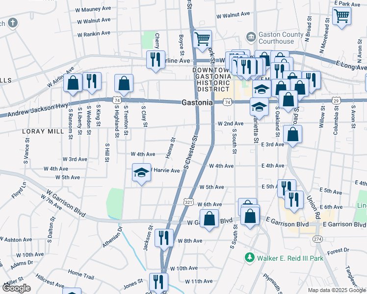 map of restaurants, bars, coffee shops, grocery stores, and more near 404 Hanna Street in Gastonia