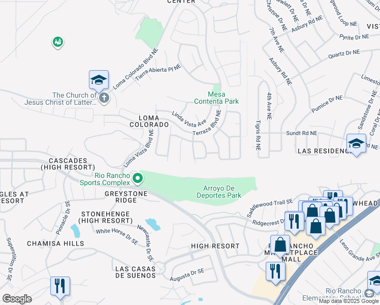 map of restaurants, bars, coffee shops, grocery stores, and more near 33 Vista Hermosa Place Northeast in Rio Rancho