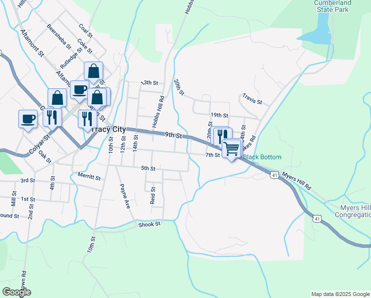 map of restaurants, bars, coffee shops, grocery stores, and more near 355 7th St in Tracy City