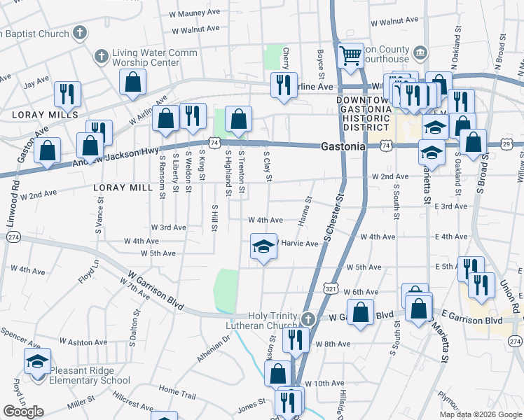 map of restaurants, bars, coffee shops, grocery stores, and more near 405 S Clay St in Gastonia