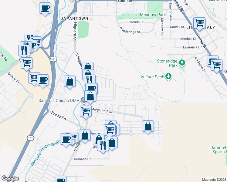 map of restaurants, bars, coffee shops, grocery stores, and more near 3057 South Higuera Street in San Luis Obispo