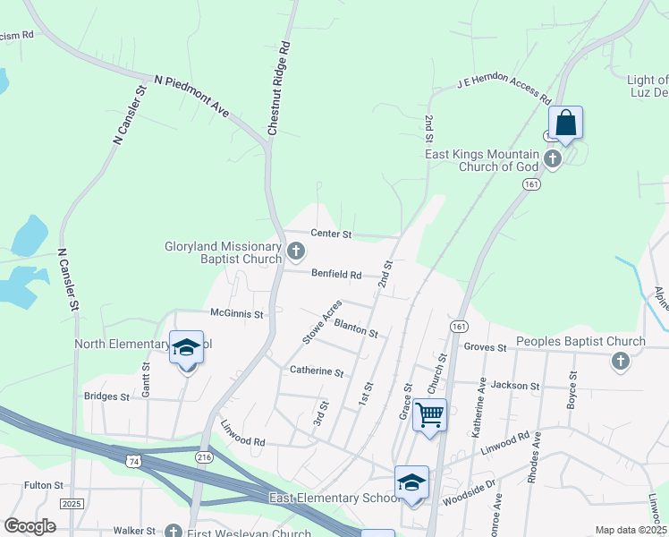 map of restaurants, bars, coffee shops, grocery stores, and more near 201 Benfield Road in Kings Mountain