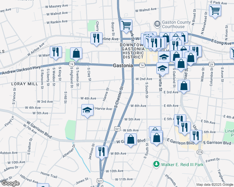 map of restaurants, bars, coffee shops, grocery stores, and more near 401 South Chester Street in Gastonia