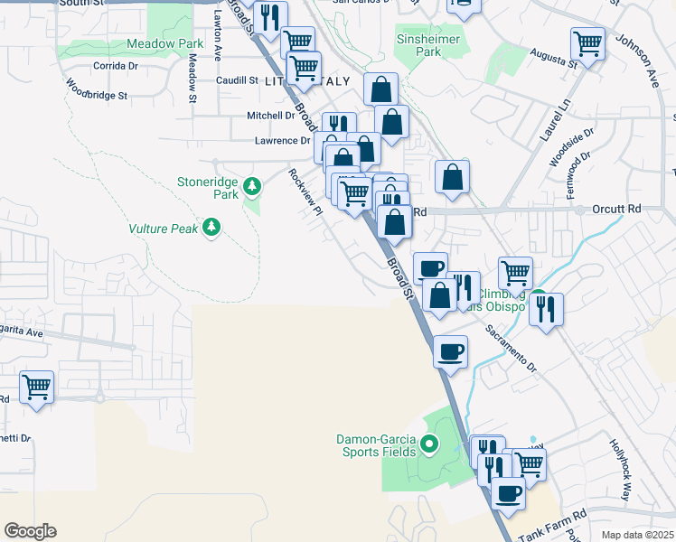map of restaurants, bars, coffee shops, grocery stores, and more near 3281 Rockview Place in San Luis Obispo