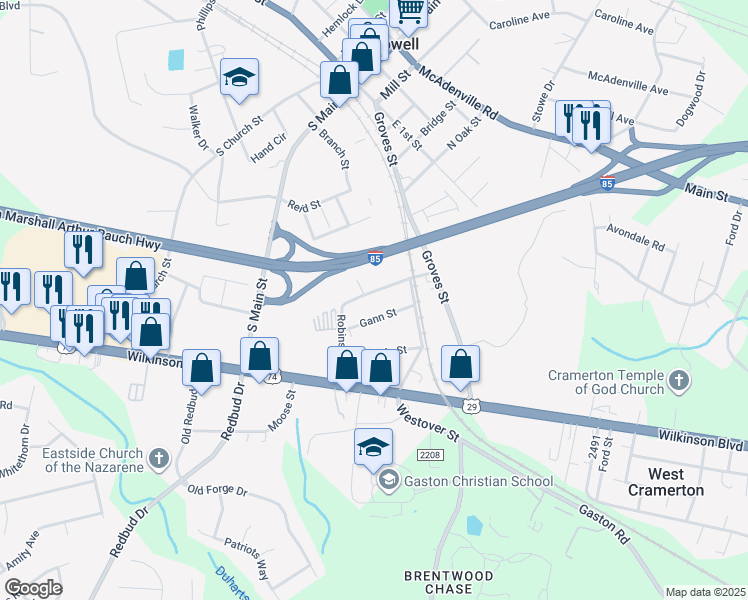 map of restaurants, bars, coffee shops, grocery stores, and more near 501 Robinson Street in Lowell