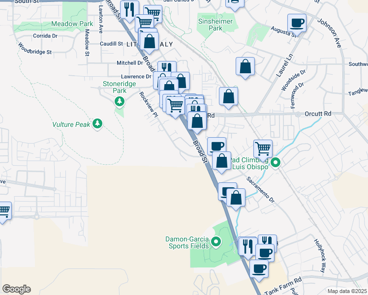 map of restaurants, bars, coffee shops, grocery stores, and more near 3340 Broad Street in San Luis Obispo