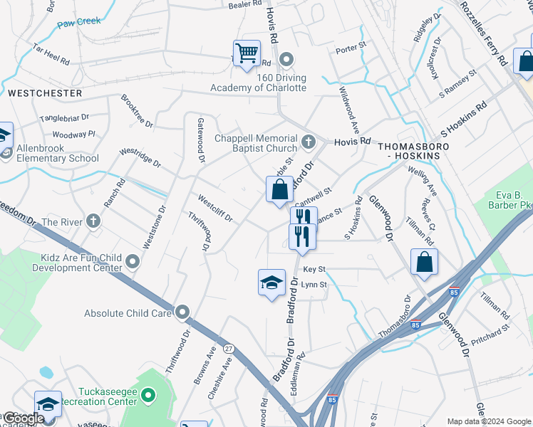 map of restaurants, bars, coffee shops, grocery stores, and more near 1037 Marble Street in Charlotte