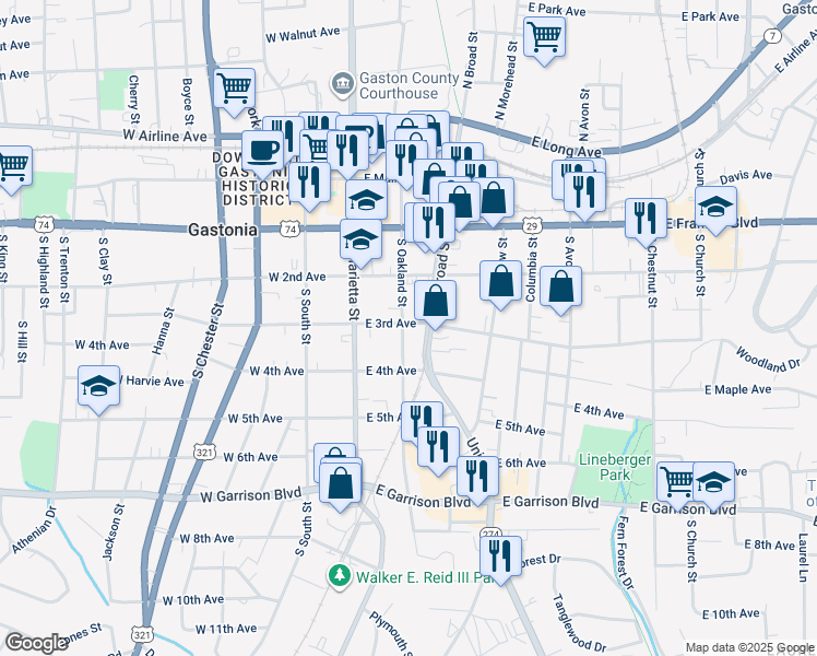 map of restaurants, bars, coffee shops, grocery stores, and more near 201 East 3rd Avenue in Gastonia