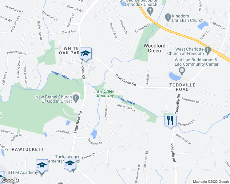 map of restaurants, bars, coffee shops, grocery stores, and more near 6031 Derek Christopher Court in Charlotte