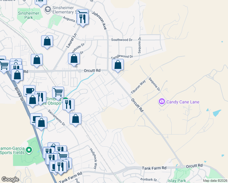 map of restaurants, bars, coffee shops, grocery stores, and more near 1408 Bantam Court in San Luis Obispo