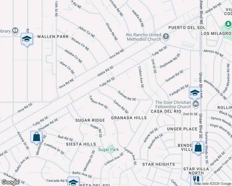 map of restaurants, bars, coffee shops, grocery stores, and more near 1400 Sunset Road Southeast in Rio Rancho