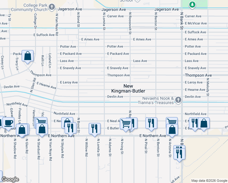 map of restaurants, bars, coffee shops, grocery stores, and more near 2440 East Hearne Avenue in Kingman