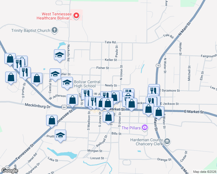 map of restaurants, bars, coffee shops, grocery stores, and more near 611 Neely Street in Bolivar