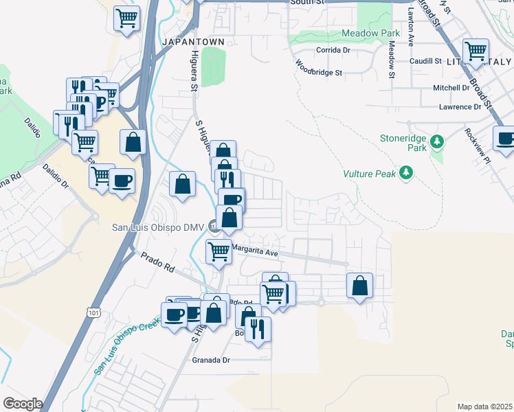 map of restaurants, bars, coffee shops, grocery stores, and more near 3057 South Higuera Street in San Luis Obispo